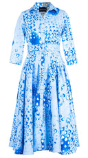 Amber Dress Shirt Collar 3/4 Sleeve Midi Length Silk Taffta (Tie Dye Geometric Pastel)