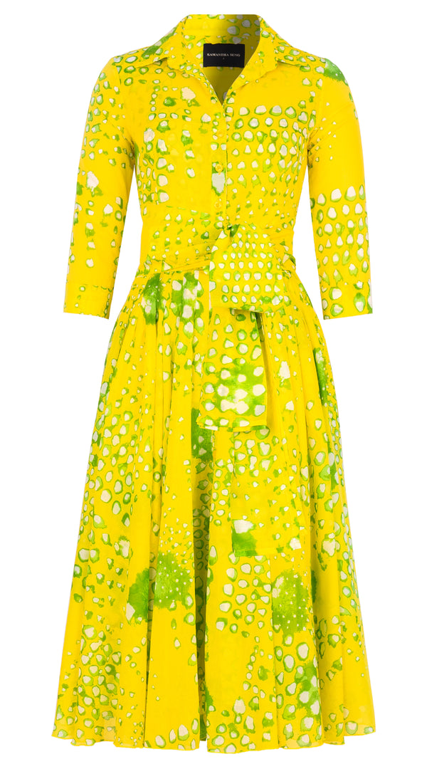 Amber Dress Shirt Collar 3/4 Sleeve Midi Length Cotton Musola (Tie Dye Geometric)