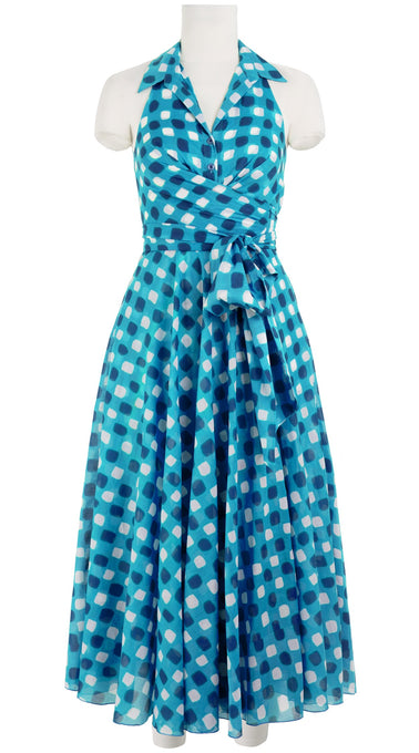 Olivia Dress Shirt Halter Neck Sleeveless Maxi Length Cotton Musola (Tie Dye Gingham Small)