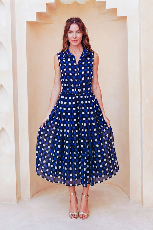 Audrey Dress #4 Shirt Collar Sleeveless Midi Length Cotton Musola (Tie Dye Gingham Small)