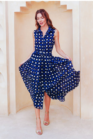 Audrey Dress #4 Shirt Collar Sleeveless Midi Length Cotton Musola (Tie Dye Gingham Small)