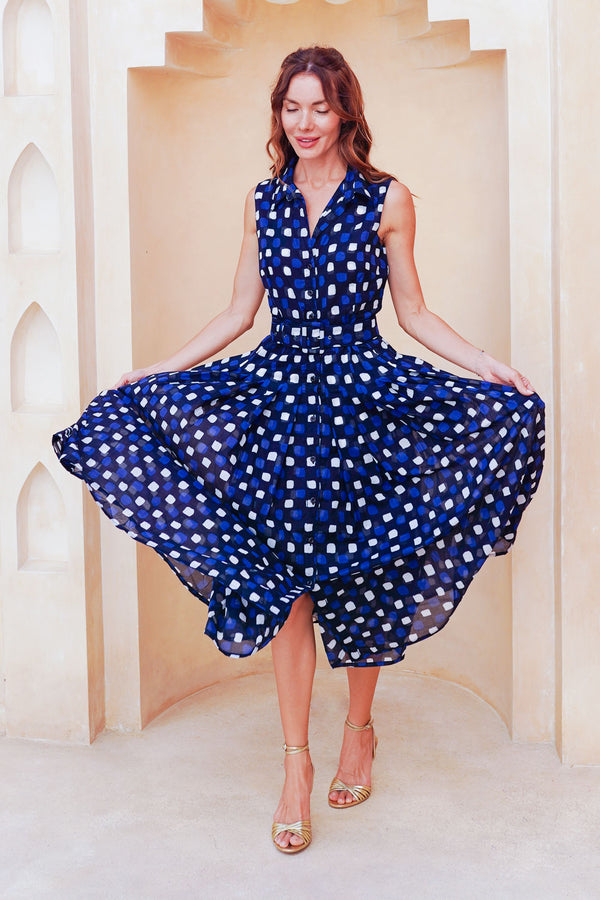 Audrey Dress #4 Shirt Collar Sleeveless Midi Length Cotton Musola (Tie Dye Gingham Small)