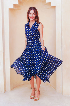 Audrey Dress #4 Shirt Collar Sleeveless Midi Length Cotton Musola (Tie Dye Gingham Small)