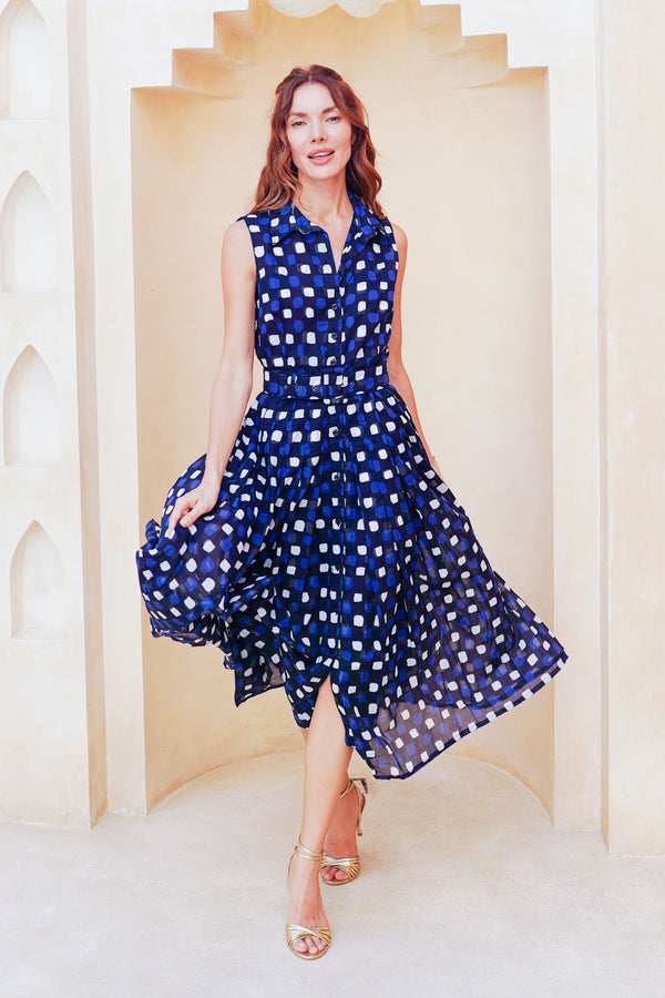 Audrey Dress #4 Shirt Collar Sleeveless Midi Length Cotton Musola (Tie Dye Gingham Small)