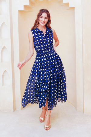 Audrey Dress #4 Shirt Collar Sleeveless Midi Length Cotton Musola (Tie Dye Gingham Small)