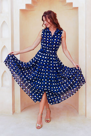 Audrey Dress #4 Shirt Collar Sleeveless Midi Length Cotton Musola (Tie Dye Gingham Small)