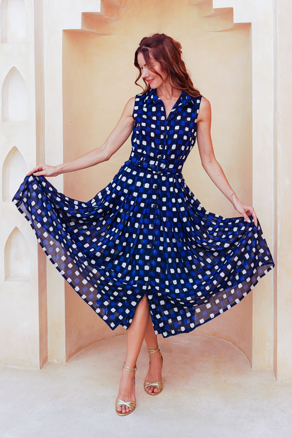 Audrey Dress #4 Shirt Collar Sleeveless Midi Length Cotton Musola (Tie Dye Gingham Small)