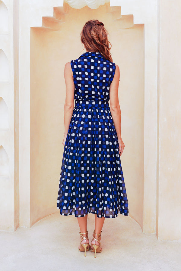 Audrey Dress #4 Shirt Collar Sleeveless Midi Length Cotton Musola (Tie Dye Gingham Small)