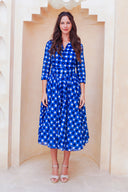 Aster Dress Shirt Collar 3/4 Sleeve Midi Length Cotton Musola (Tie Dye Gingham Small)