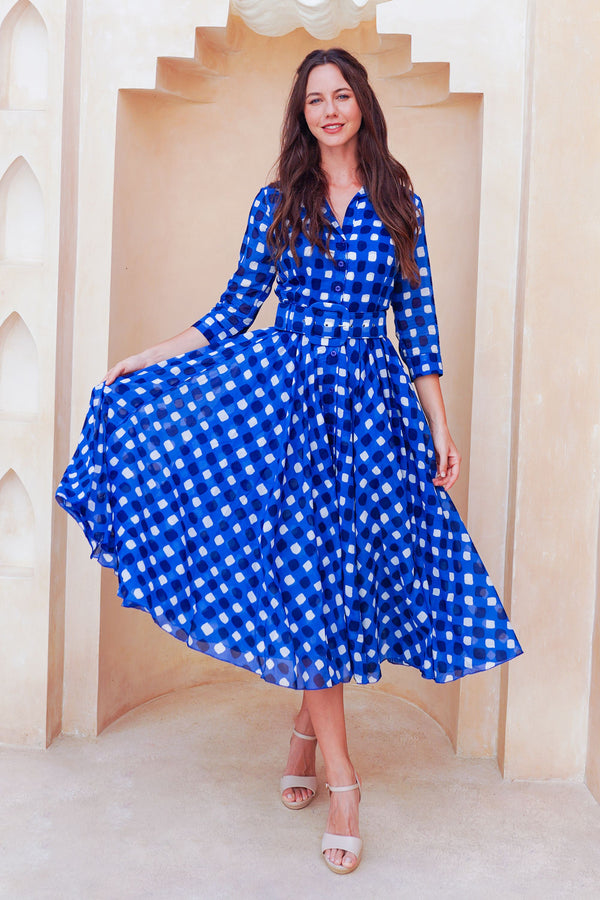 Aster Dress Shirt Collar 3/4 Sleeve Midi Length Cotton Musola (Tie Dye Gingham Small)