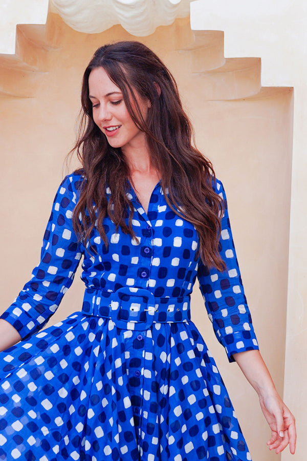 Aster Dress Shirt Collar 3/4 Sleeve Midi Length Cotton Musola (Tie Dye Gingham Small)