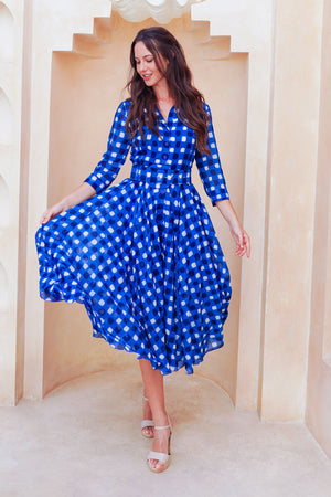 Aster Dress Shirt Collar 3/4 Sleeve Midi Length Cotton Musola (Tie Dye Gingham Small)