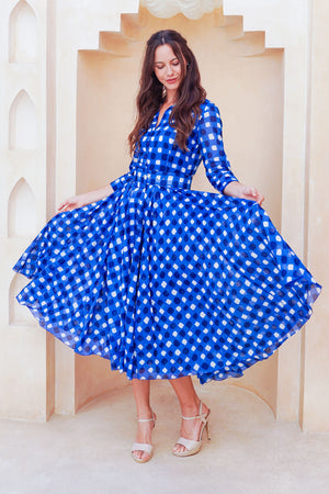 Aster Dress Shirt Collar 3/4 Sleeve Midi Length Cotton Musola (Tie Dye Gingham Small)