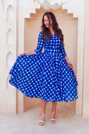 Aster Dress Shirt Collar 3/4 Sleeve Midi Length Cotton Musola (Tie Dye Gingham Small)