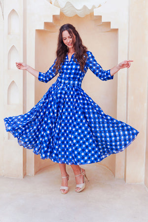 Aster Dress Shirt Collar 3/4 Sleeve Midi Length Cotton Musola (Tie Dye Gingham Small)