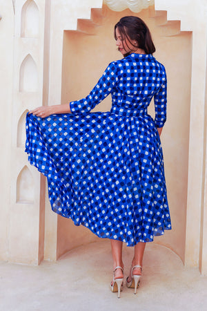 Aster Dress Shirt Collar 3/4 Sleeve Midi Length Cotton Musola (Tie Dye Gingham Small)