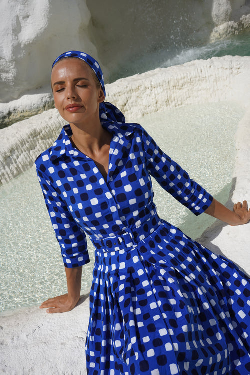Audrey Dress #4 Shirt Collar 3/4 Sleeve Long Length Cotton Stretch (Tie Dye Gingham) @3