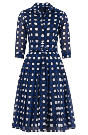 Audrey Dress #4 Shirt Collar 3/4 Sleeve Long Length Cotton Musola (Tie Dye Gingham)