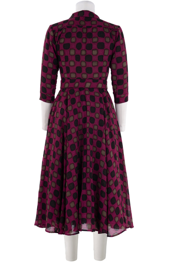 Aster Dress Shirt Collar 3/4 Sleeve Midi Length Wool (Tie Dye Gingham) - Pink