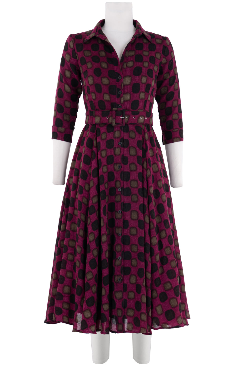 Aster Dress Shirt Collar 3/4 Sleeve Midi Length Wool (Tie Dye Gingham) - Pink