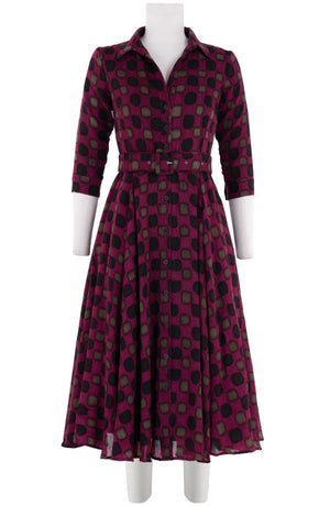 Aster Dress Shirt Collar 3/4 Sleeve Midi Length Wool (Tie Dye Gingham) - Pink