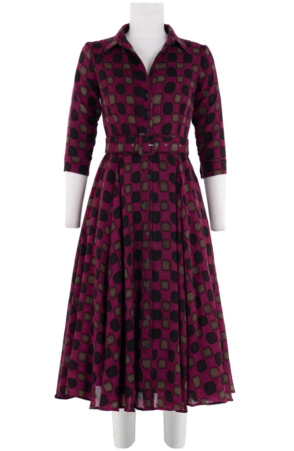 Aster Dress Shirt Collar 3/4 Sleeve Midi Length Wool (Tie Dye Gingham) - Pink