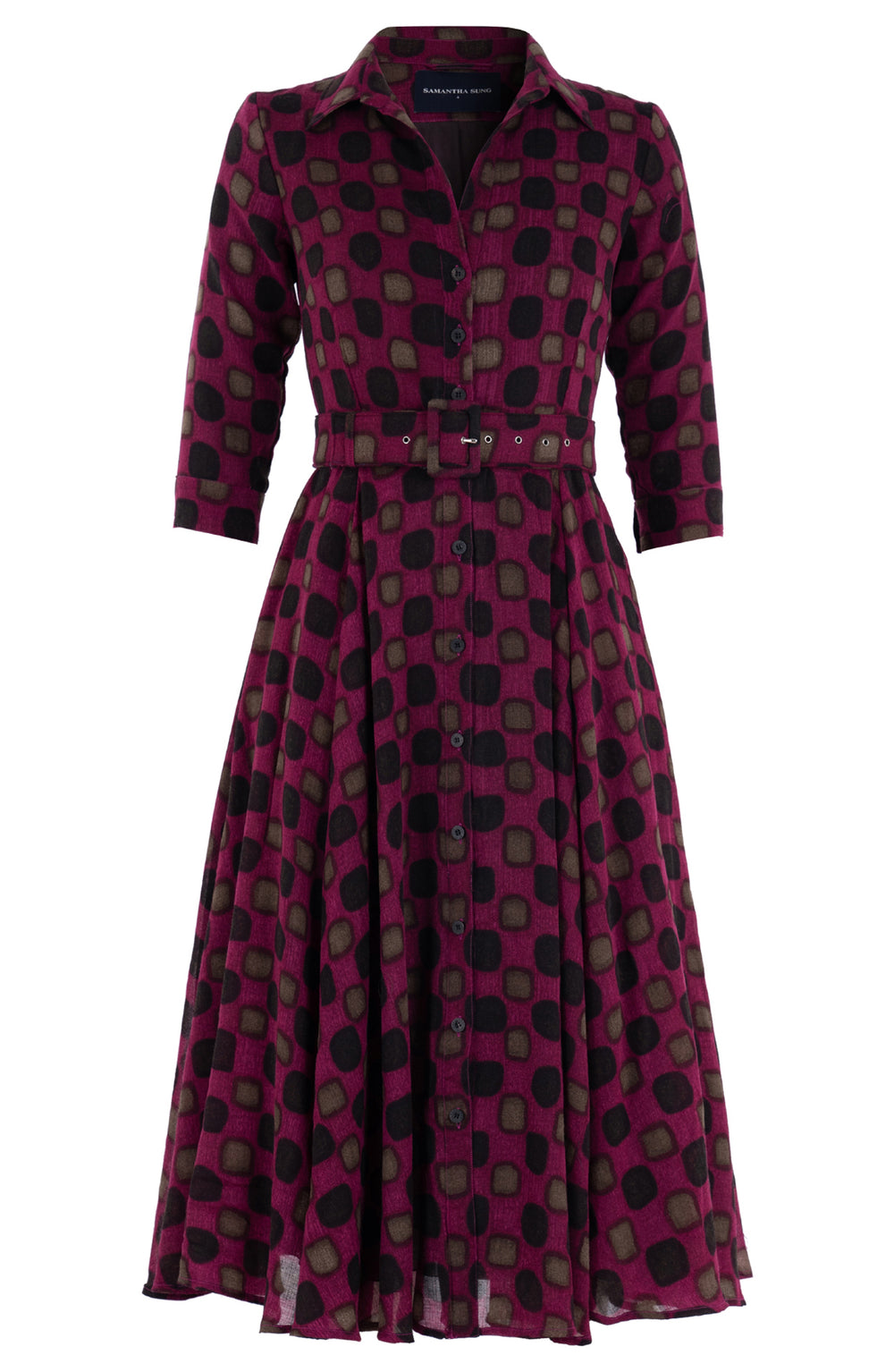 Aster Dress Shirt Collar 3/4 Sleeve Midi Length Wool (Tie Dye Gingham) - Pink