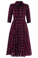 Aster Dress Shirt Collar 3/4 Sleeve Midi Length Wool (Tie Dye Gingham) - Pink
