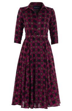 Aster Dress Shirt Collar 3/4 Sleeve Midi Length Wool (Tie Dye Gingham) - Pink