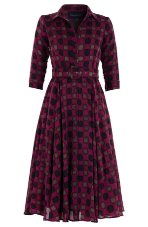 Aster Dress Shirt Collar 3/4 Sleeve Midi Length Wool (Tie Dye Gingham) - Pink