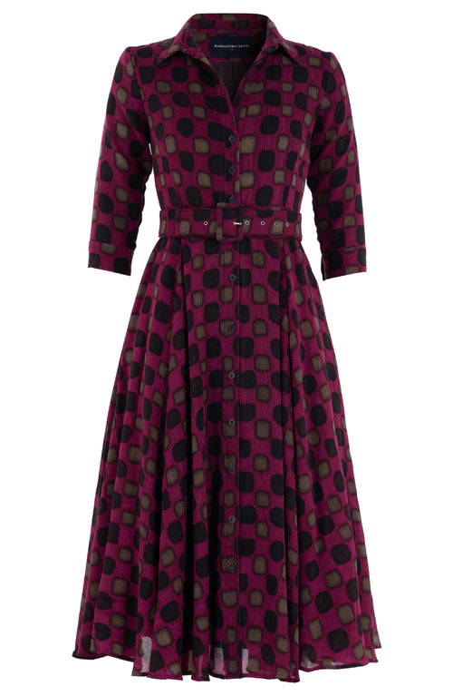 Aster Dress Shirt Collar 3/4 Sleeve Midi Length Wool (Tie Dye Gingham) - Pink