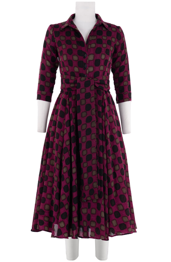 Aster Dress Shirt Collar 3/4 Sleeve Midi Length Wool (Tie Dye Gingham) - Pink