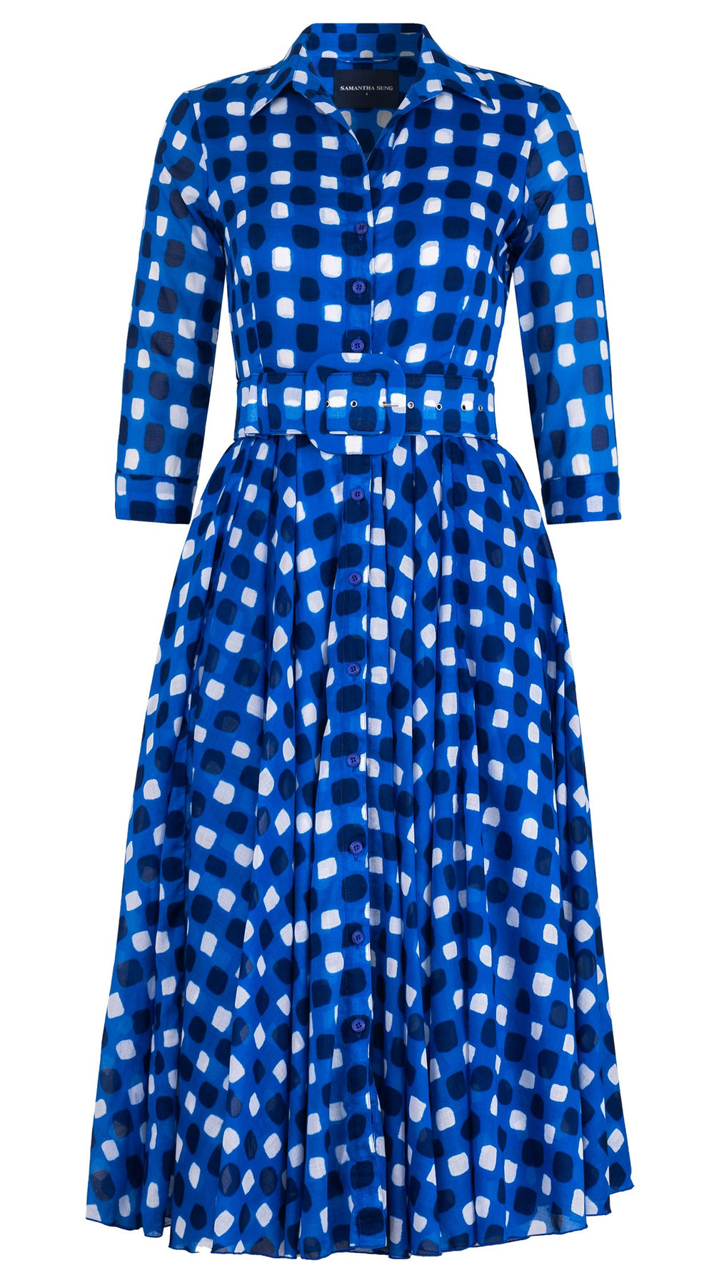 Aster Dress Shirt Collar 3/4 Sleeve Midi Length Cotton Musola (Tie Dye Gingham Small)