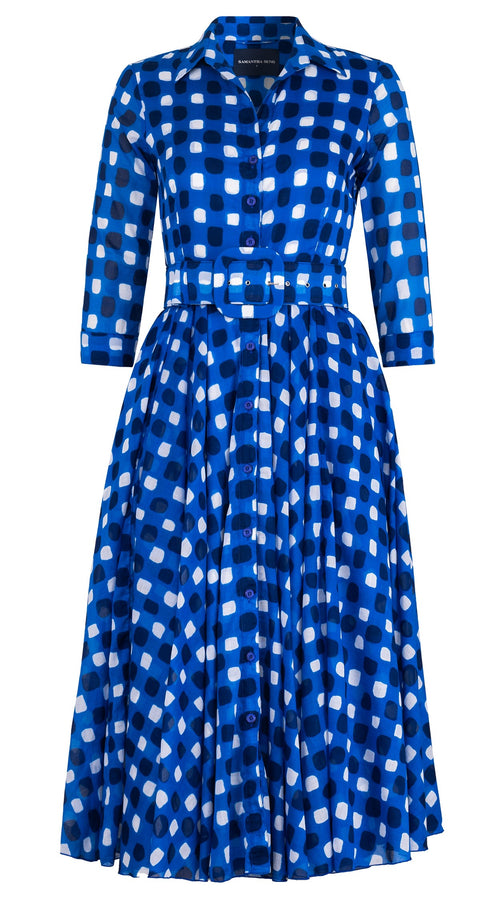 Aster Dress Shirt Collar 3/4 Sleeve Midi Length Cotton Musola (Tie Dye Gingham Small)