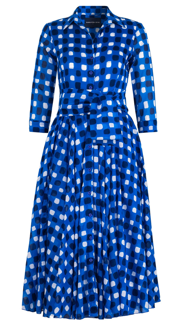 Aster Dress Shirt Collar 3/4 Sleeve Midi Length Cotton Musola (Tie Dye Gingham Small)