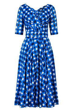 Vivien Dress #1 V Neck 1/2 Sleeve Midi Length Cotton Musola (Tie Dye Gingham)