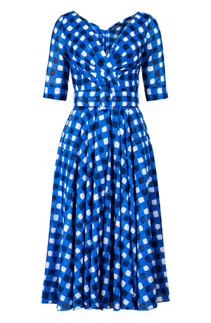 Vivien Dress #1 V Neck 1/2 Sleeve Midi Length Cotton Musola (Tie Dye Gingham)