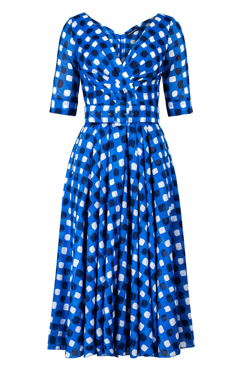 Vivien Dress #1 V Neck 1/2 Sleeve Midi Length Cotton Musola (Tie Dye Gingham)