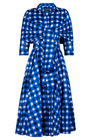 Aster Dress Shirt Collar 3/4 Sleeve Midi Length Cotton Musola (Tie Dye Gingham)