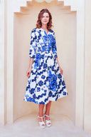 Audrey Dress #1 Shirt Collar 3/4 Sleeve Midi Length Cotton Stretch (Tie Dye Izmir Big White)