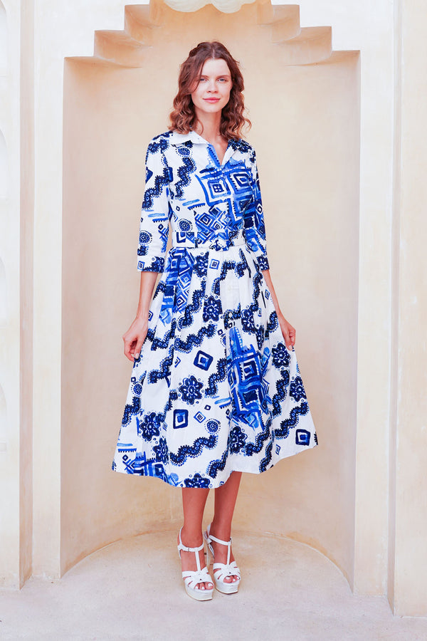 Audrey Dress #1 Shirt Collar 3/4 Sleeve Midi Length Cotton Stretch (Tie Dye Izmir Big White)