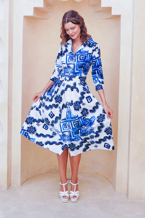 Audrey Dress #1 Shirt Collar 3/4 Sleeve Midi Length Cotton Stretch (Tie Dye Izmir Big White)