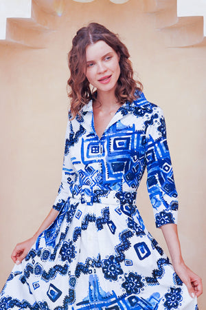 Audrey Dress #1 Shirt Collar 3/4 Sleeve Midi Length Cotton Stretch (Tie Dye Izmir Big White)