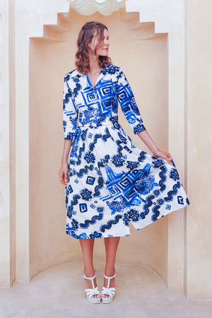 Audrey Dress #1 Shirt Collar 3/4 Sleeve Midi Length Cotton Stretch (Tie Dye Izmir Big White)