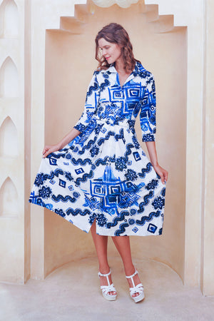 Audrey Dress #1 Shirt Collar 3/4 Sleeve Midi Length Cotton Stretch (Tie Dye Izmir Big White)