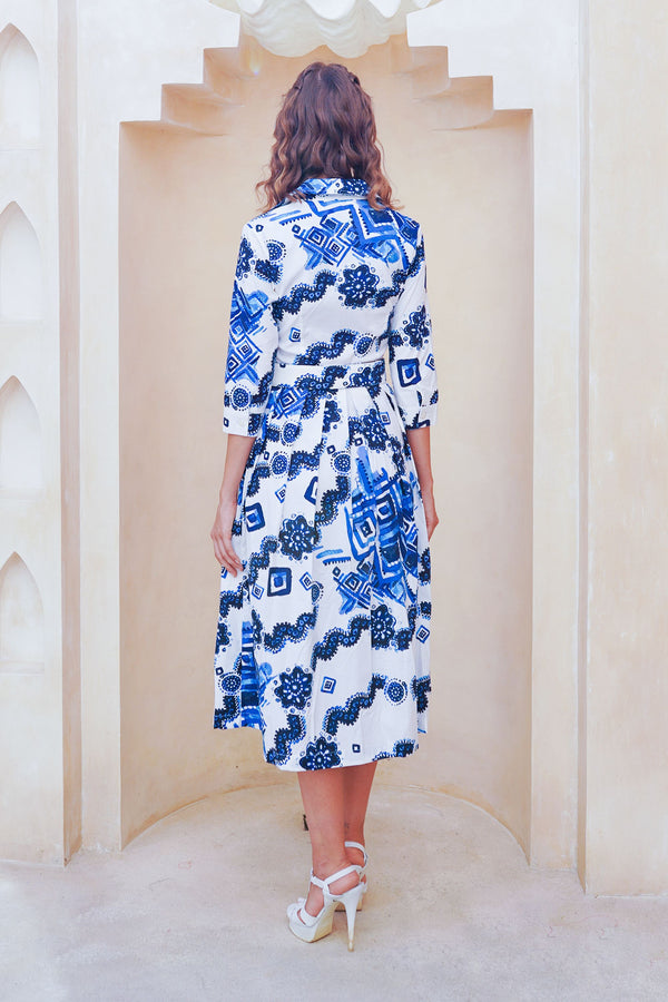 Audrey Dress #1 Shirt Collar 3/4 Sleeve Midi Length Cotton Stretch (Tie Dye Izmir Big White)