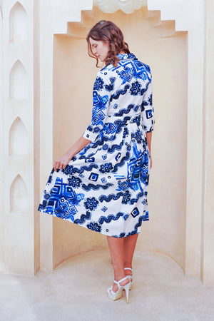 Audrey Dress #1 Shirt Collar 3/4 Sleeve Midi Length Cotton Stretch (Tie Dye Izmir Big White)