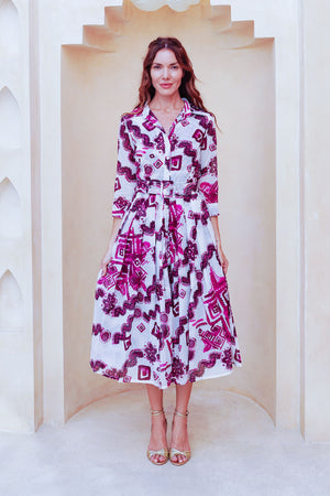 Audrey Dress #4 Shirt Collar 3/4 Sleeve Midi Length Cotton Musola (Tie Dye Izmir Small White)