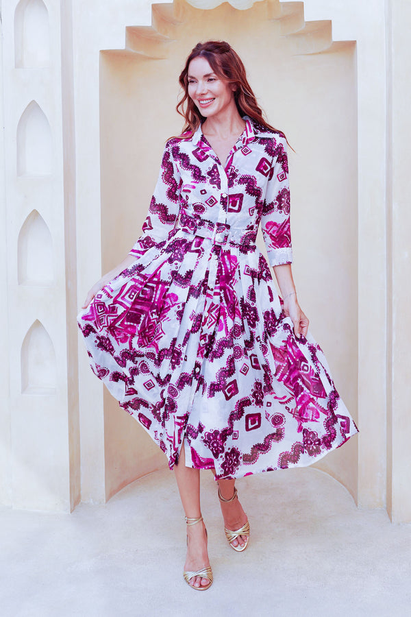 Audrey Dress #4 Shirt Collar 3/4 Sleeve Midi Length Cotton Musola (Tie Dye Izmir Small White)