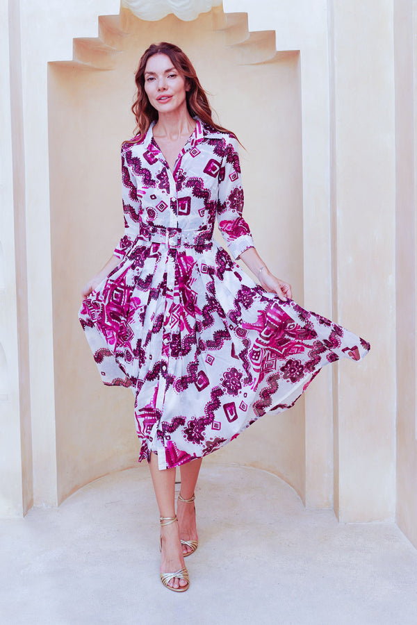 Audrey Dress #4 Shirt Collar 3/4 Sleeve Midi Length Cotton Musola (Tie Dye Izmir Small White)